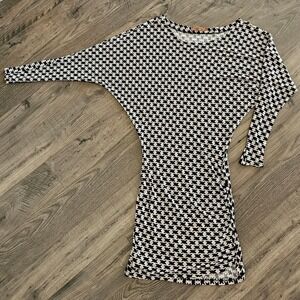 Womens szL Vintage Black White Houndstooth Pattern Long Sleeve Dolman Dress Fall